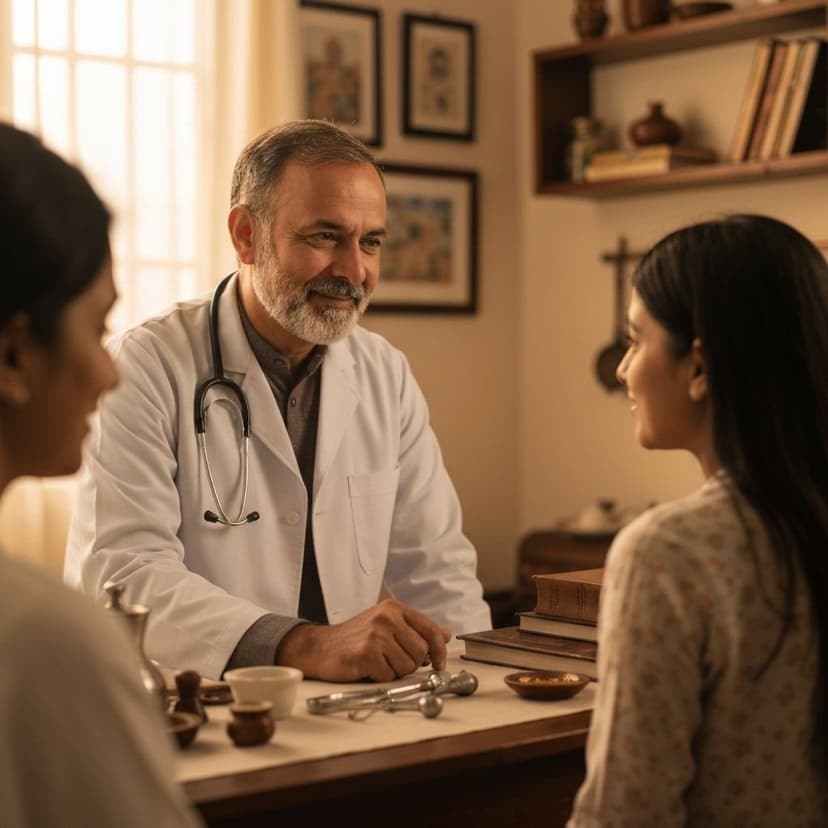 Doctor consulting patient in traditional Unani setting